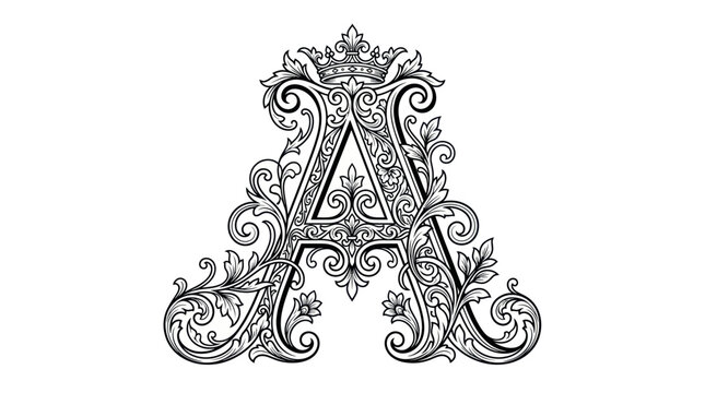 Ornate Letter A Monogram with Crown and Flourishes, Vintage Decorative Design