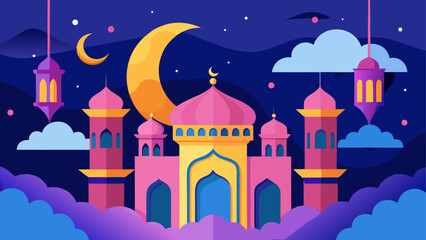 A magical castle under the moonlit sky with colorful domes © sumona
