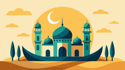A serene mosque floating on a traditional boat under a crescent moon © sumona