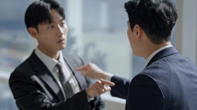 Two focused Asian businessmen in suits engaged in a serious discussion, pointing fingers during a debate or negotiation in a modern office setting.