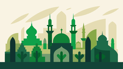 A silhouette of a city skyline with domes and minarets at sunset © sumona