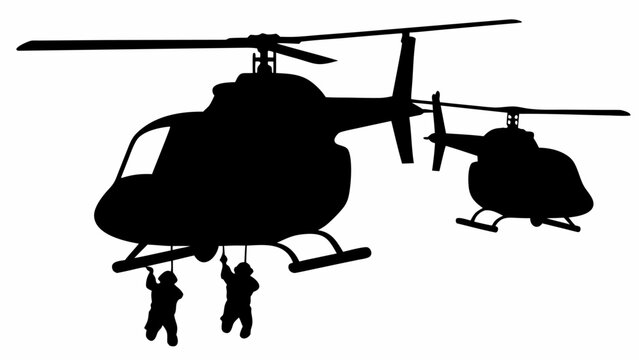 Silhouette of two military helicopters with soldiers rappelling down