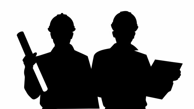 Silhouette of two construction workers or engineers wearing hard hats, one holding blueprints and the other holding a clipboard