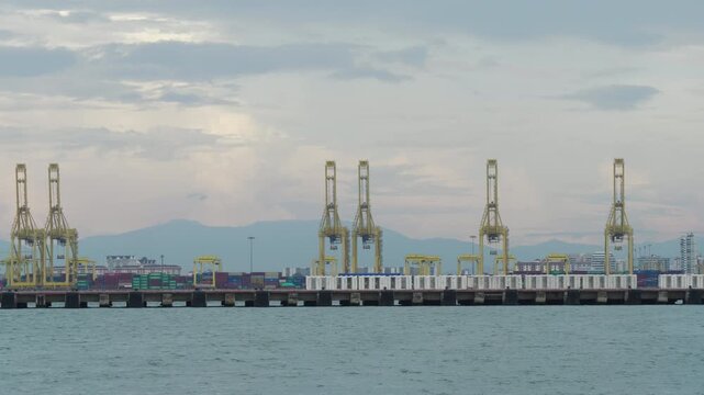 evening time sunset sky penang island george town port bay slow motion panorama 4k malaysia