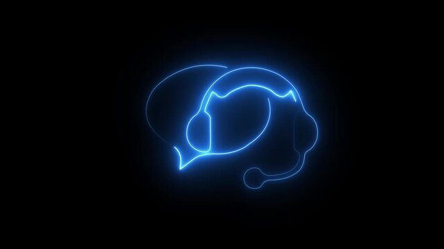 Neon blue glowing headphones speech bubble voice chat icon animation on black background