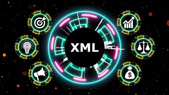 XML introduction motion graphic with business icons on dark background modern animation.