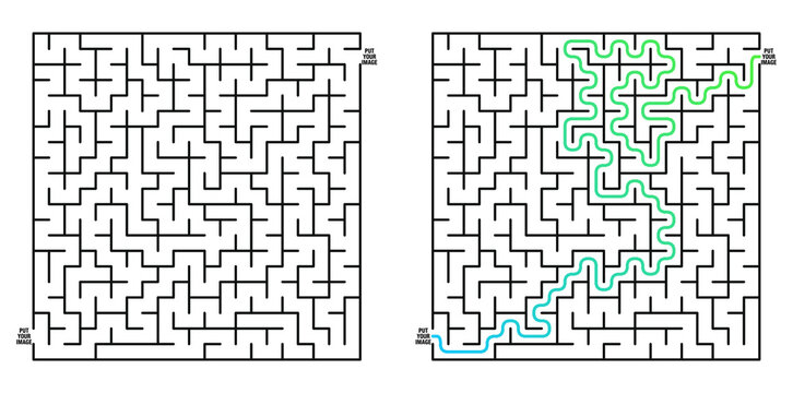 Labyrinth game grid with path highlighted on white background  