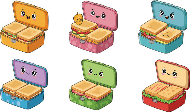 Cute cartoon lunchboxes with sandwiches and happy faces, kids school meal illustration, healthy food, lunch break, kawaii style, colorful containers
