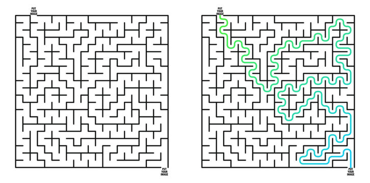 Labyrinth game grid with solution path outlined in green  