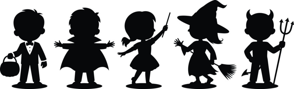 Modern Kids Party Parade Emblem, Whimsical Autumn Holiday Banner Graphic, Spooky Halloween Children Costume Silhouette Lineup Set.