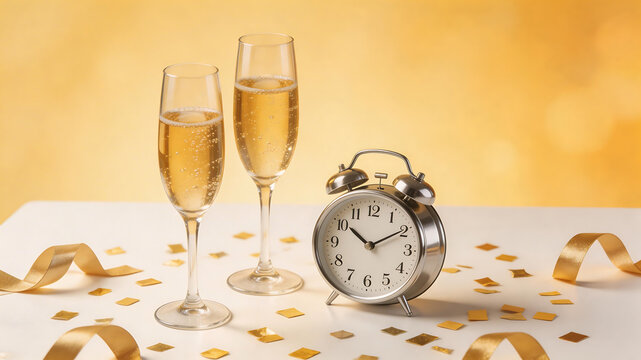 Champagne glasses clock and confetti ideal for sleek commercial backgrounds and title sequences