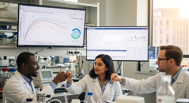 Three scientists two men one woman wearing lab coats, engage in a discussion in a brightly lit laboratory setting. They are looking at data displayed on large monitors.