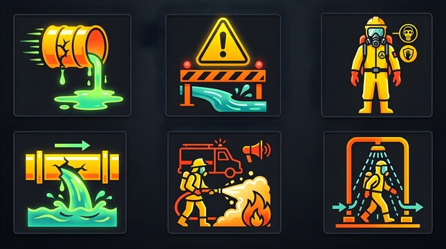 Toxic chemical spill, hazmat suit worker, bursting pipe, firefighter rescue, and decontamination shower symbols.