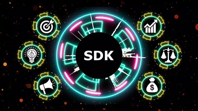Software development kit concept with neon light icons on digital background.