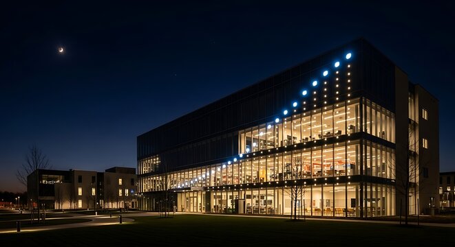contemporary glass building glows with warm interior lights against a dark night sky, with a single star visible.
