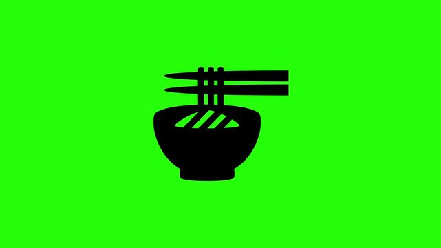 Beautiful 4K motion asset containing an Asian noodle bowl with wooden chopsticks silhouette bouncing cleanly. Clean culinary popup graphic for menu app.