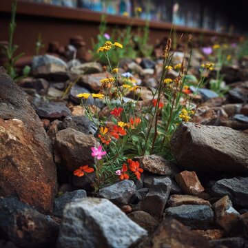 Wildflowers bloom vibrantly between ballast stones along a track bed