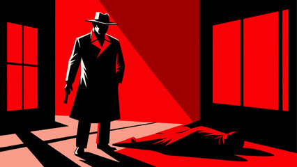 A lone figure stands in a stark, red-lit environment with geometric shadows © ruposhi