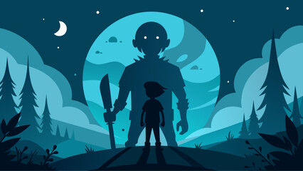 A lone figure stands under the glow of a mysterious blue moonlit forest © ruposhi