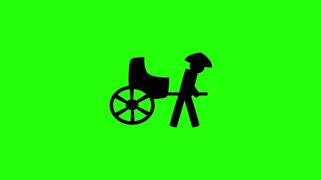 High definition 4K clip of a traditional oriental rickshaw vehicle pulled by a man silhouette bouncing cleanly. Tactical popup historical transport icon.