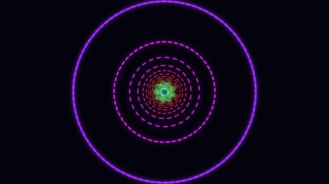 Abstract colorful neon dashed circle tunnel on black