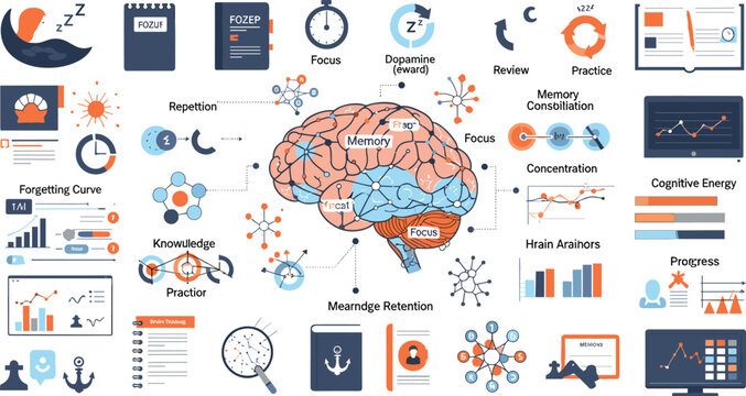 Human brain neuroscience infographic template featuring cognitive memory retention learning curves focus data charts and psychology icons for educational presentations