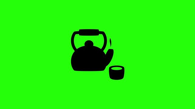 Premium 4K motion graphic of a traditional ceramic teapot pouring into a tiny cup silhouette bouncing. Clean asset for oriental tea house menu layout.