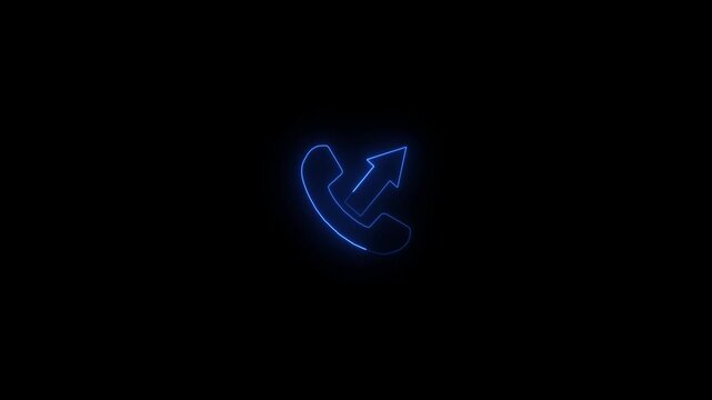 Neon blue outline of a telephone receiver with an upward arrow on a black background call outgoing