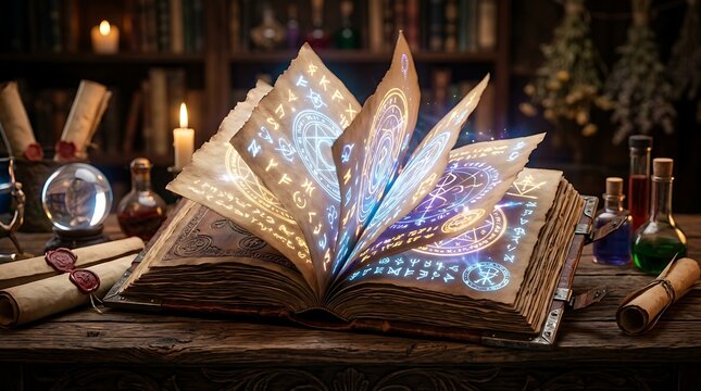 Ancient magic book with glowing blue runes in a mystical laboratory