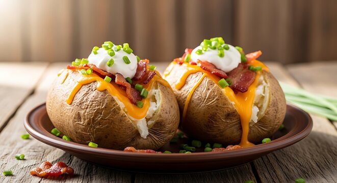 Delicious baked potatoes topped with cheese, sour cream, and bacon bits on a plate