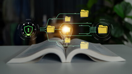 Digital transformation concept with secure data management and insightful innovation illustrated by...