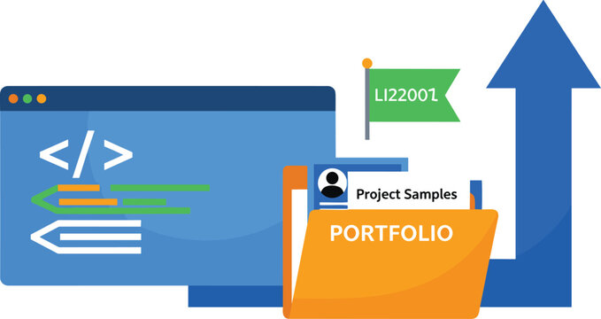 Professional developer portfolio infographic template featuring coding window project samples folder and growth arrow icons for tech career advancement presentation