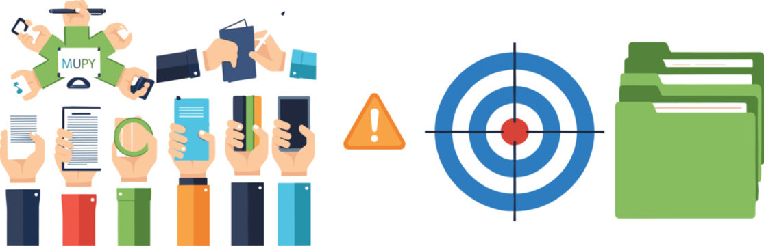 Target marketing infographic template featuring multiple hands with mobile devices bullseye target and green data folders for corporate business strategy presentations