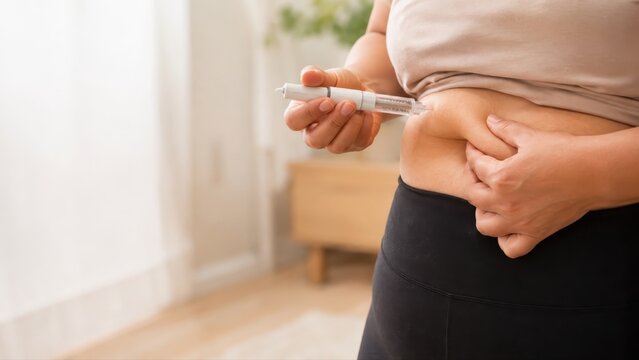 Woman self-injecting medication with a glp-1 pen for weight loss management
