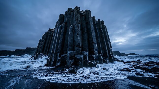 Dark basalt columns rising from crashing ocean waves at twilight