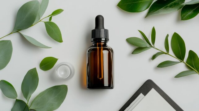 a high-quality eucalyptus essential oil bottle. The dark glass bottle with a dropper is placed on a bed of fresh eucalyptus leaves