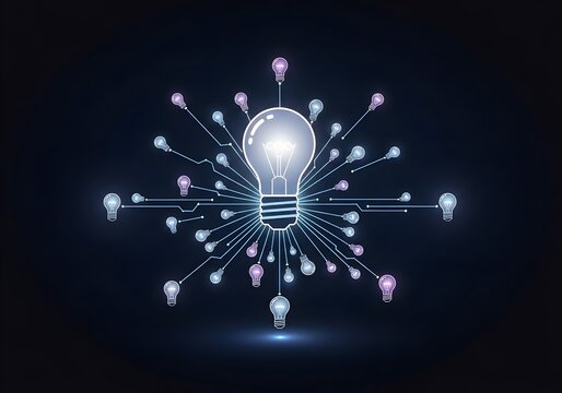 Glowing Central Light Bulb Connected to Multiple Bulbs in Network on Dark Background &ndash; Idea Sharing, Brainstorming and Creative Network Concept Illustration