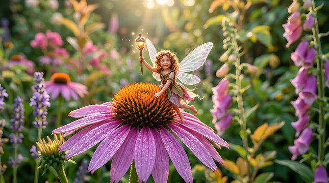 Magical forest fairy sitting on a purple flower in a sunny garden