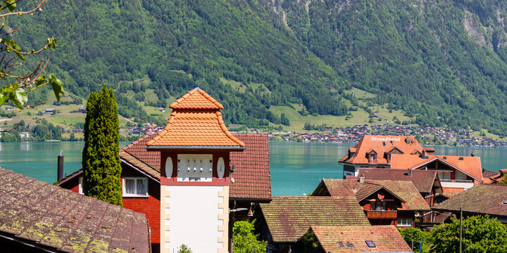 Iseltwald village houses on Lake Brienz shoreline