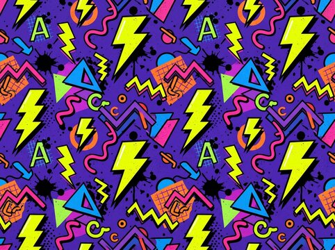 Retro Neon Lightning Memphis Pattern