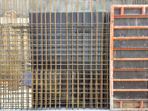 View of steel reinforcement bars and concrete formwork at a construction site Sariyer, Istanbul, Turkiye.