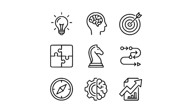 Business strategy icons set idea brainstorming problem solving and growth
