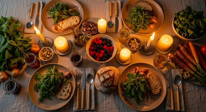Top view of a romantic dinner table set with fresh salads candles and healthy food for a festive evening meal. zero waste dinner setup