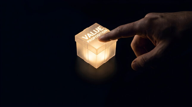 A finger touching a glowing value proposition box silhouette in a dark background