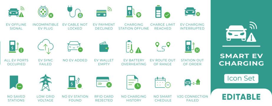 Smart EV Charging App Error Solid Icon Set. Green Electric Vehicle Empty State Glyph Vectors.
