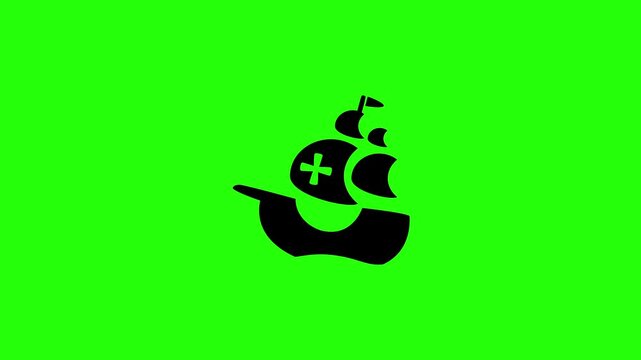 Professional 4K footage of a traditional Spanish caravel sailing ship with cross emblem silhouette bouncing. Great popup graphic for nautical history app.