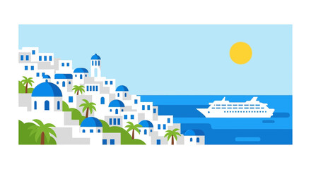 Santorini Greece Village Seaside Vacation Cruise Ship Sunny Day Flat Design © Vario