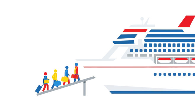 People boarding cruise ship with luggage, vacation travel concept illustration