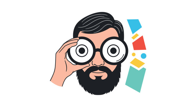 Close up illustration of a bearded man with thick black glasses looking through them with surprised and big eyes.