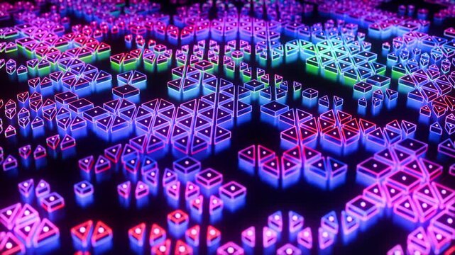 RGB Neon Glowing Triangles And Squares Abstract Motion Background with Seamless Looping